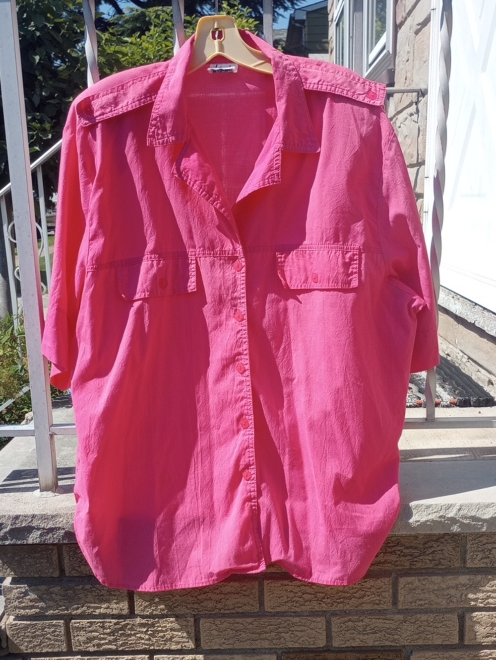 Tapestry Vintage Fuschia Casual Cotton Summer Plus Size Top w/ Collar, 2X?